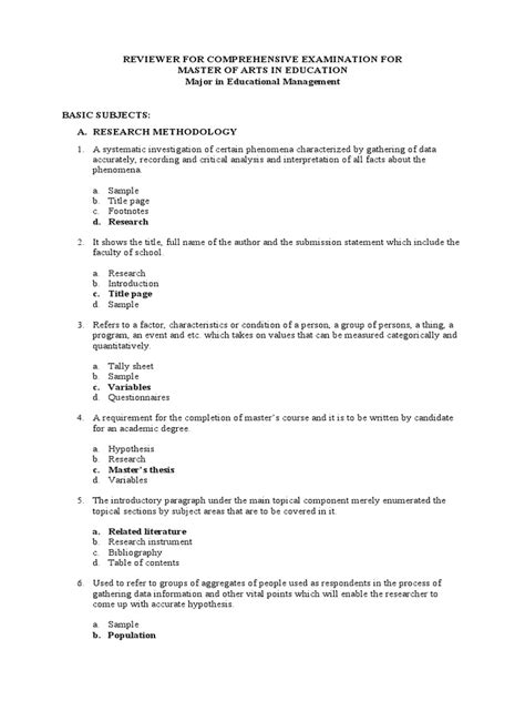 Reviewer For Comprehensive Examination For Master of Arts in .